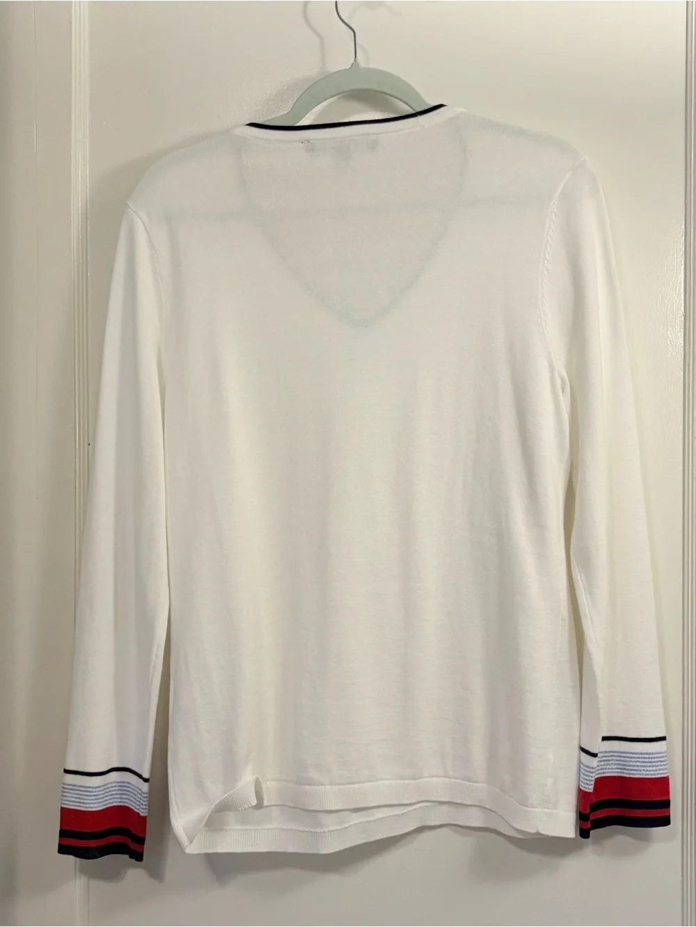 Tommy Hilfiger White V-Neck Sweater with Red & Navy Stripe Cuffs